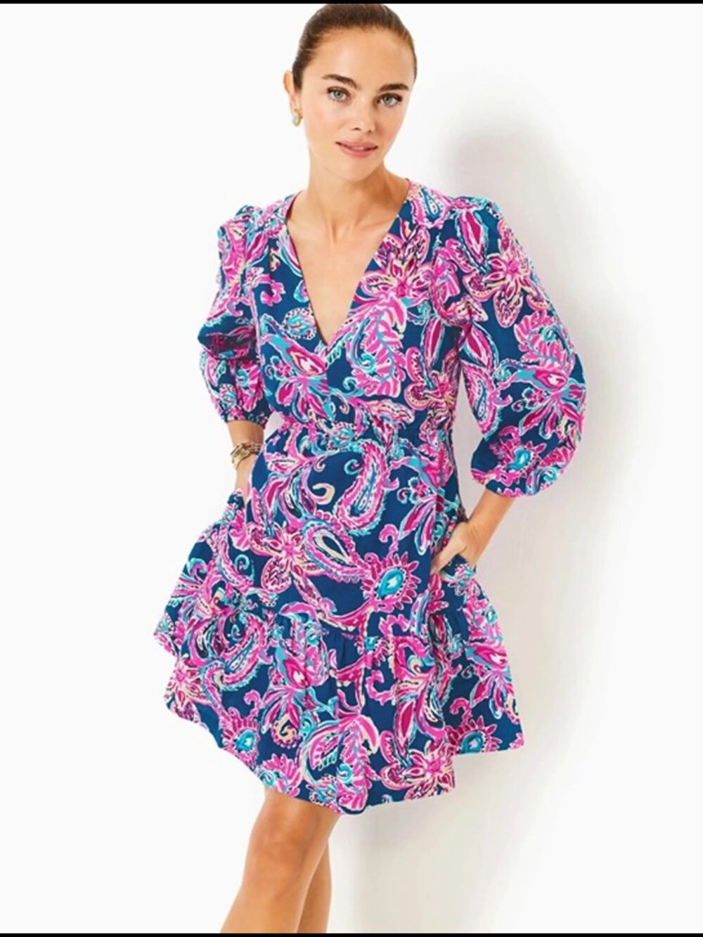 Lilly Pulitzer Deacon 3/4 Sleeve Dress Size 8 Pink Blue Paisley V-Neck Cotton